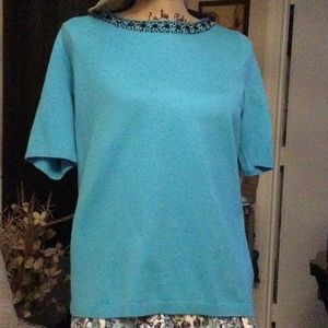 Talbots aqua top with jeweled neck